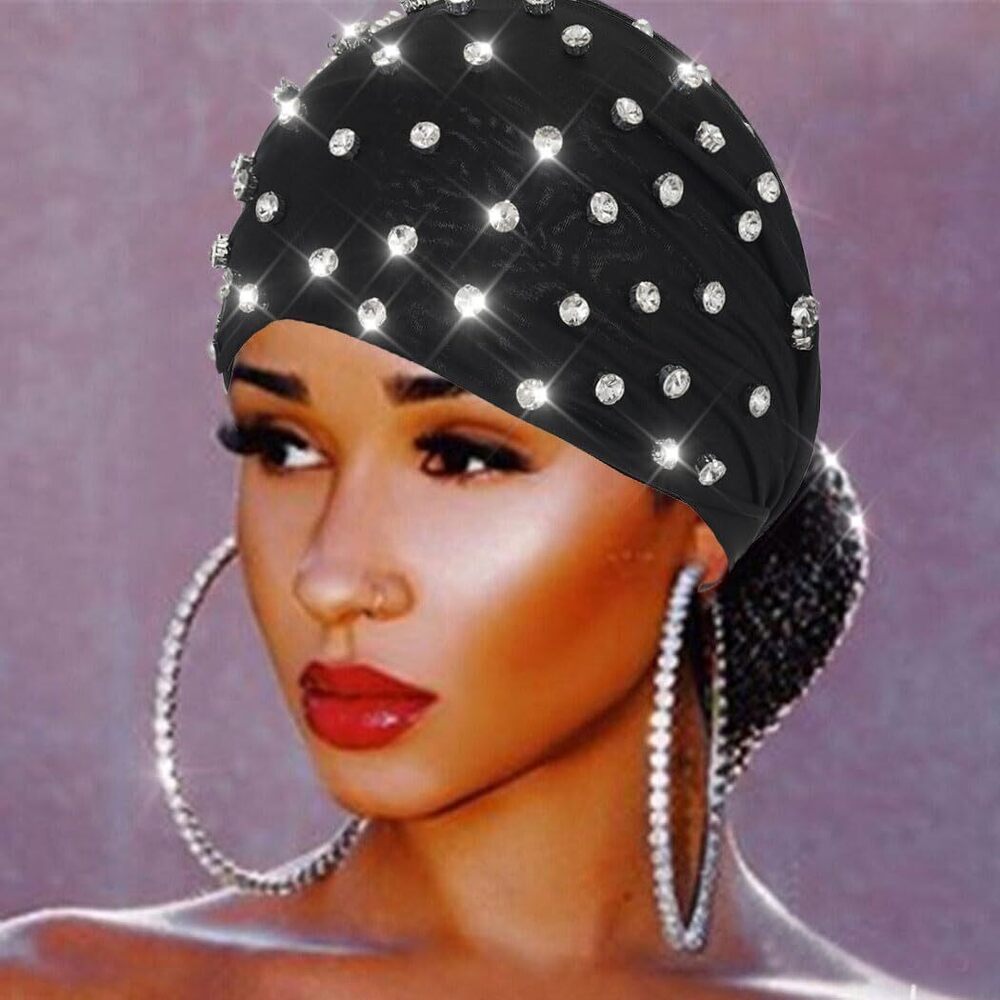 7128 Sparkle Rhinestones Headband Black African Head Wraps Crystal Stretch
